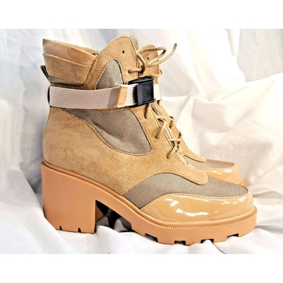 Vivianly Women's Suede Patent Leather Chunky Combat Boots Tactical Tan SIze 8 - Picture 4 of 13